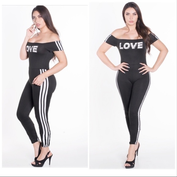 Off the shoulder black bodycon striped jumpsuit - Picture 1 of 9